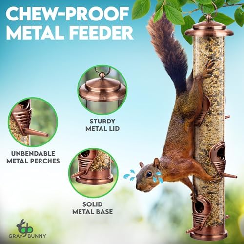 Gray Bunny Squirrel Proof Bird Feeders for Outdoors 6 Port Metal Tube