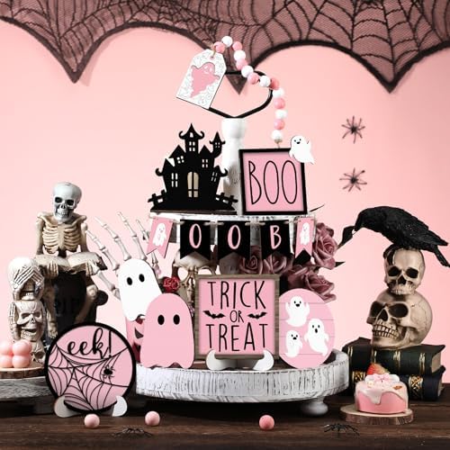 Umigy 15 Pcs Pink Halloween Decor Ghost Tiered Tray Decor Set