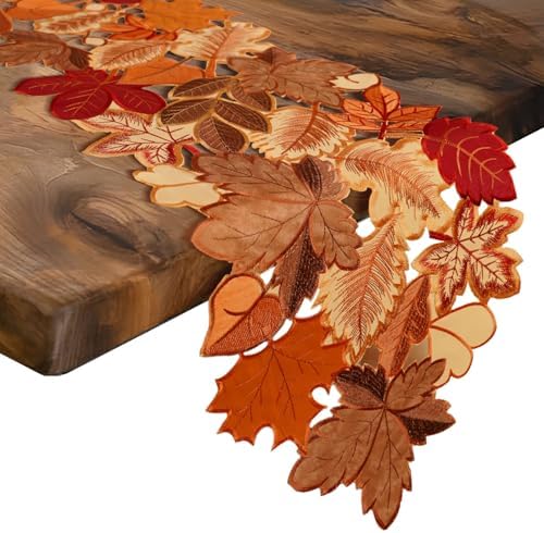 Fall Table Runner 120 Inches Long Autumn Maple Leaf Embroidered Runner