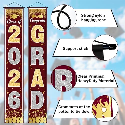 OHOME Graduation Decorations 2026 2027 - Maroon Gold Congrats Grad Porch Banner for Graduation Party Decorations - Class of 2026 - Party Favors Supplies Backdrop Yard Signs Decor (Maroon)
