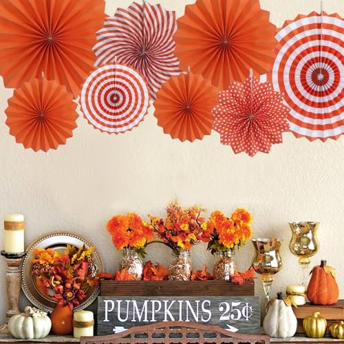 Orange Party Decorations Hanging Paper Fans for Fall Thanksgiving Halloween
