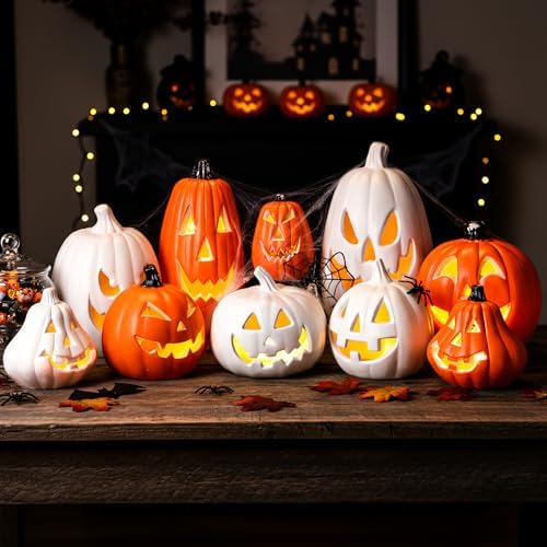 Tujoe 12 Pcs Halloween Pumpkin Lantern Set Light up LED,Orange and White