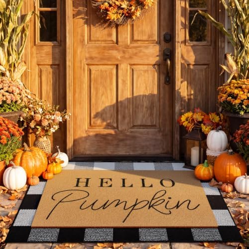Tinideya 2 Pcs Hello Pumpkin Fall Layered Doormat Set, Farmhouse Front Mat
