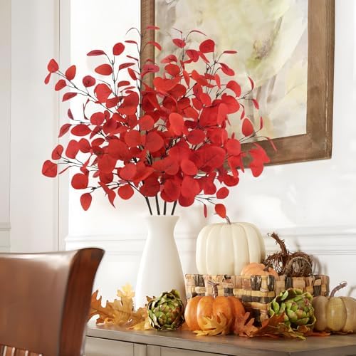16Pcs Artificial Eucalyptus Leaves Stems 33.8‘’ Eucalyptus Plants Branches Greenery for Home Fireplace Farmhouse Party Wedding Table Bathroom Christmas Décor Red