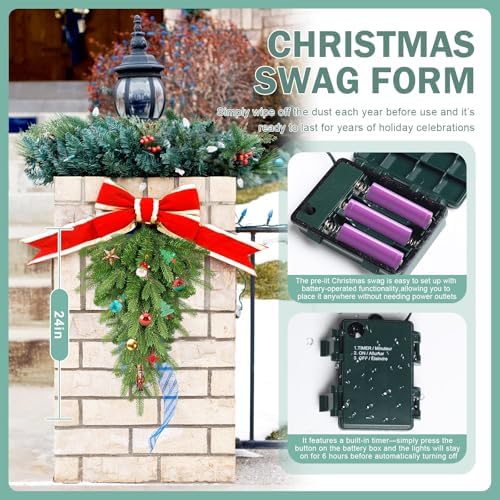 Pre-Lit Christmas Teardrop Swag, 24" Door Swag with 30 LED