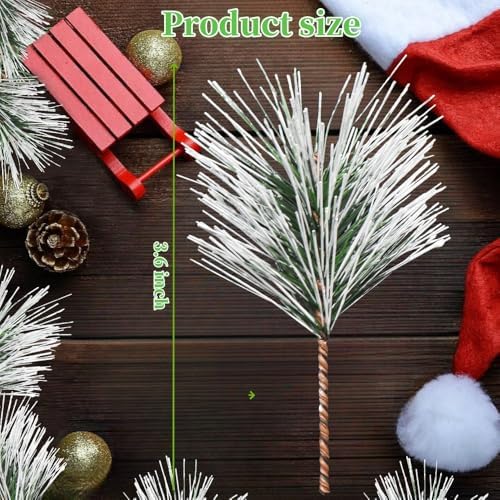 Artificial Green Pine Needles Branches, 50 PCS Small Pine Twigs Stems Picks, Fake Greenery Pine Picks for Christmas Garland, Wreath, Home Holiday Decoration (50, Green White)