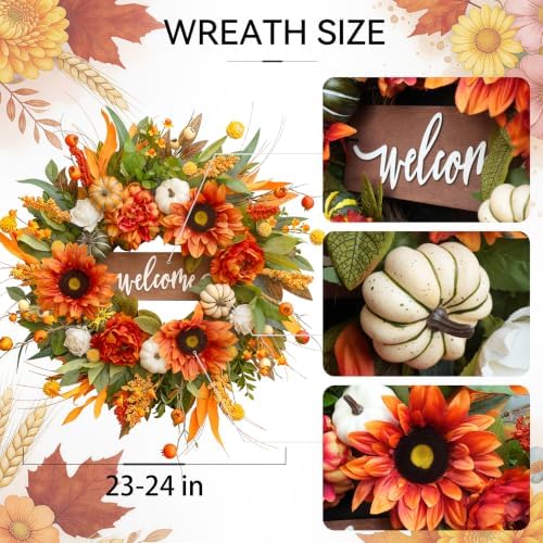 24 Inch Fall Wreaths for Front Door Outdoor, Autumn Wreath for Thanksgiving