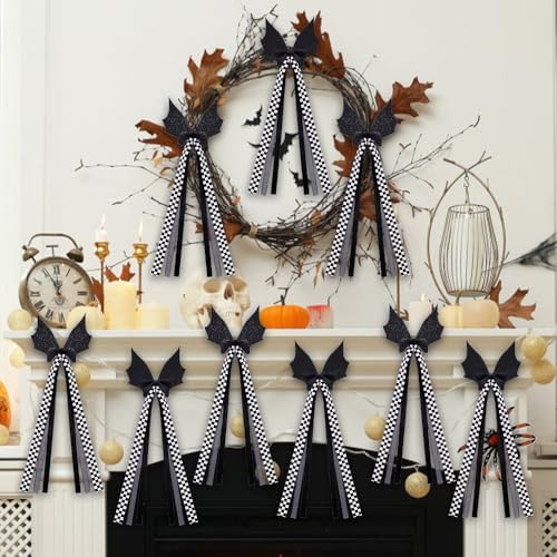 JOICEE 12Pcs Halloween Wreath Bows Bat Glitter Bows for Halloween Decor