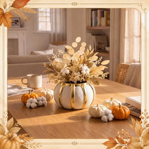 Beeveer 3.7 Inch Ceramic Pumpkin Vase, White and Gold Striped Flower Vase