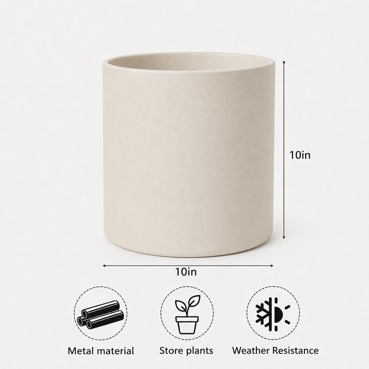 Beige Metal Plant Pot with Drainage Hole, 10 Inch Mid Century Pot Indoor Outdoor Planters for Succulents, Flowers &