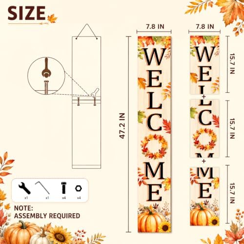 Fall Leaves Welcome Sign for Front Door, 47'' Autumn Porch Sign Farmhouse Warm Greeting Wooden Door Sign Rustic Vertical Porch Sign Pumpkin Standing Welcome Yard Signs for Patio Outdoor Indoor