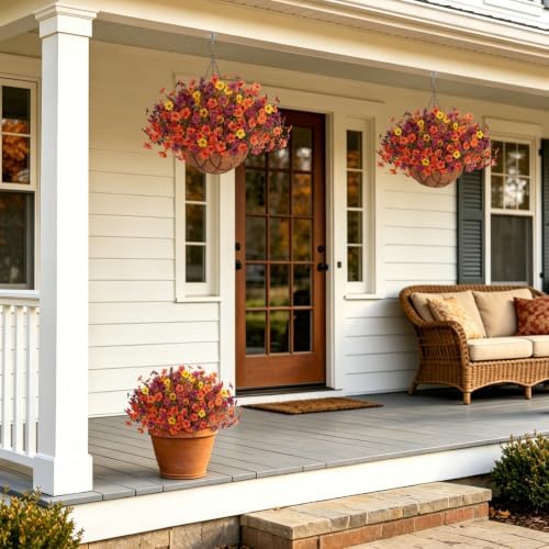 Fake Mums Artificial Fall Flowers Hanging Baskets Outdoors for Decoration