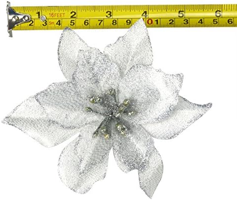 Gardeningwill 12Pcs 5 Inch Glitter Artificial Poinsettia Flowers with Ties for Wedding Christmas Festival Holiday Decor Xmas Wreath Garland Ornament Silver