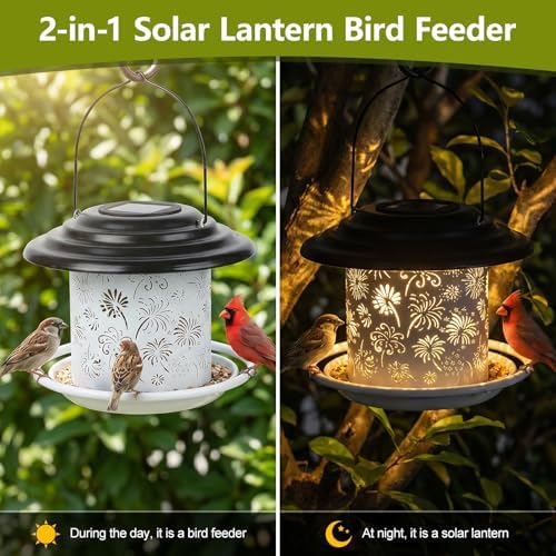 Black White Solar Bird Feeders for Outdoors, Weatherproof Metal Bird Feeder