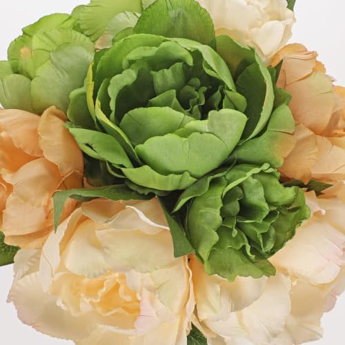 Hollyone Green and Coffee Peonies Artificial Flowers with Vase Faux Peonies Look Real Peony Fake Flowers Silk Flower Arrangements in Glass Vase with Faux Water for Table Centerpiece Shelf Home Decor