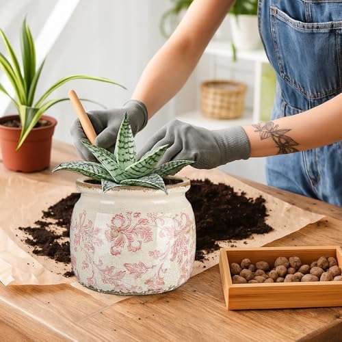 5.9'' Vintage Ceramic Planter, Ice Crack Glaze Pink Floral Pot