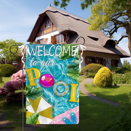 Welcome to Our Pool Garden Flags 12x18 Inch for Outside Summer Pool Party Decor Yard Flag Green Banana Leaves Farmhouse Garden Flag Double Sided for Yard Outdoor Decorations