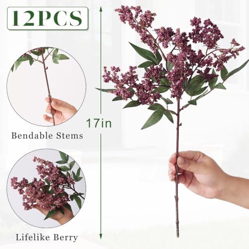 12Pcs 17"Lifelike Artificial Nandina Berry Stems for Vase Decor(Dusty Plum)