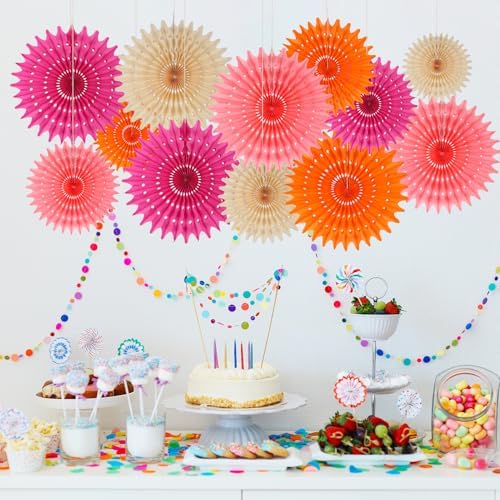 BestoFun 12PCS Paper Fans Peach and Hot Pink Party Decorations Tissue Paper Flowers Decorations for Girl Groovy Birthday Baby Shower Wedding Bachelorette Room Wall Hanging Décor