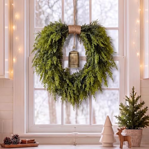 Suncalla Christmas Norfolk Pine Wreath for Front Door with Rustic Bell