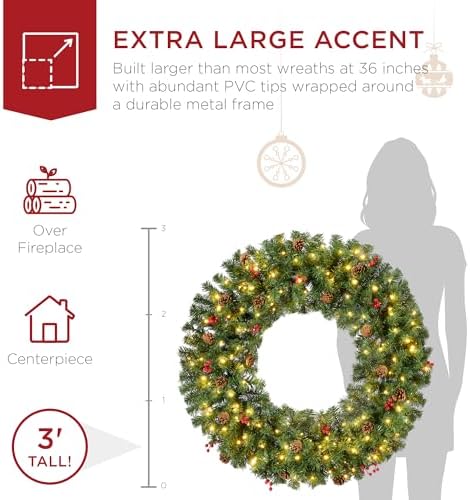 Best Choice Products 36in Pre-Lit Christmas Wreath w/Berries & Pinecones, Large Artificial Indoor/Outdoor Decor for Door, Mantel, Plug-in