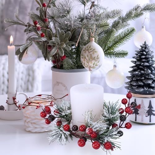 Winlyn 4 Pcs Artificial Pine and Berry Candle Rings Wreaths Snowy Pine Needle Red Berry Mini Christmas Wreaths 10.2" for Winter Wedding Home Holiday Party Decorations Mantel Door Table Centerpiece