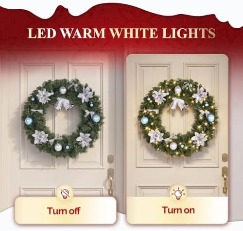 VINGLI 24 Inch Pre Lit Christmas Wreath with 50 LED Light, Battery Operated
