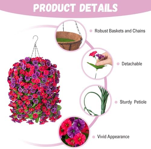 Artificial Flowers with Hanging Basket, Outdoor Faux Plants UV Resistant