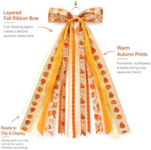 23.6in Fall Pumpkin Door Bow Sunflower Ribbon Swag Wreath Decor