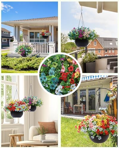 2 Sets Artificial Hanging Plants Flowers with Basket for Outdoors