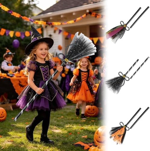 Halloween Witches Broom, Purple Wizard Broom for Halloween Decorations, Plastic Spider Broom Witch Broomstick, Halloween Witch Decoration Props, Witch Costume Accessories (Black#B)