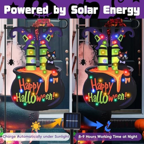 Halloween Lighted Garden Flag 12"x18" – Witch Legs in Cauldron Shape with LED Lights, 8 Lighting Modes, Double Sided Yard Decoration with Solar Panel and Stake for Outdoor Lawn Porch