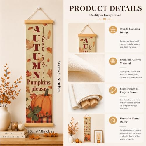 Fall Front Door Decor, Pumpkins Please Autumn Hanging Banner for Porch