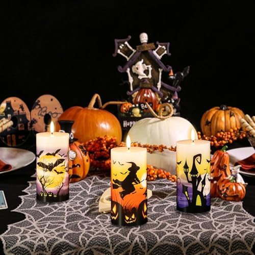 Halloween Flameless Pillar Candles Battery Operated Remote Timer