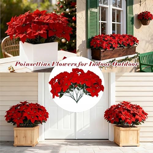 18'' Poinsettias Flowers Artificial Christmas Flowers 5 Packs Silk Red Poinsettia 7 Heads Fake Floral Bouquet with Stem for Indoor Outdoor Christmas Decoration