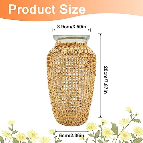 MDEOOSKY Straw Woven Glass Vase 7.9''x2.36''x3.5''Boho Glass Flower Vase Country Rustic Style Vase Glass Vase for Floral Arrangements Bottle Height (A Style 7.9IN)