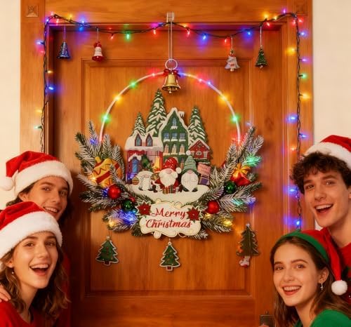 Christmas Rustic Wreath for Front Door, Artificial Xmas Wreath with Decorations and Lights, Indoor Outdoor Holiday Decor (Santa Gnome)