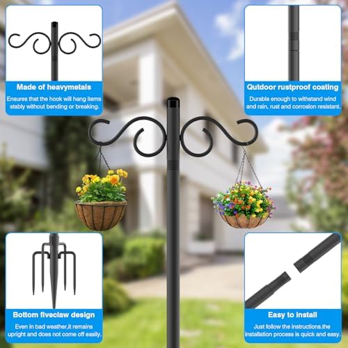 90 Inch 2 Pack Adjustable Shepherds Hooks for Outdoor with 5 Prong Base Heavy Duty Outdoor Garden Shepherds Hooks Hanger for Hanging Bird Feeder Flower Plant Baskets Solar Light Lantern Pole Stand