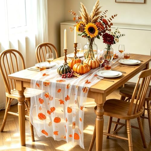 Fall Gauze Table Runner Glitter Pumpkins Maple Leaves Autumn Decor 120 Inch