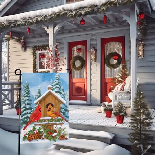 Cardinal Winter Garden Flags 12x18 Double Sided Bird Nest Xmas Outdoor Decor Flag Snow Scenery Yard Flags for Outside Farmhouse Lawn