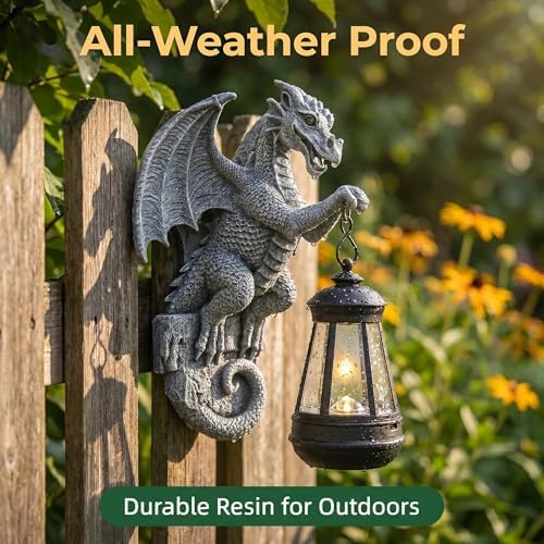 Outdoor Solar Dragon Statue Tree Hugger, Gothic Gargoyle Statues Wall Sculpture with Haning Solar Lantern for Outdoor Patio Lawn, Fence Decoration, Dragon Outdoor Statues Fantasy Wall-Mounted Art
