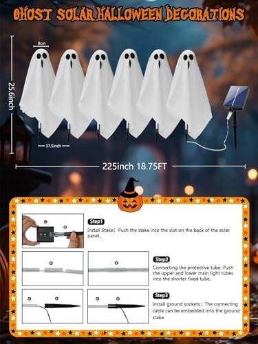 6-Pack Solar Powered Ghost Halloween Decorations Outdoor, Auto On/Off, Ghost Path Lights for Scary Party Yard Garden Lawn Holiday Decor(Warm White)