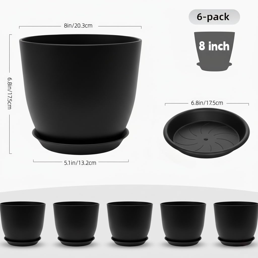 Vanslogreen Plant Pots 8 Inch Set of 6, Flower Pots with Drainage Holes and Saucer, Plastic Garden Planters for Indoor