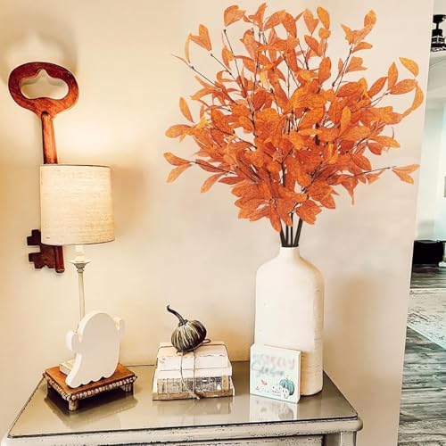Uieke 18 Pcs Artificial Fall Eucalyptus Stems with Fall Leaves, Orange