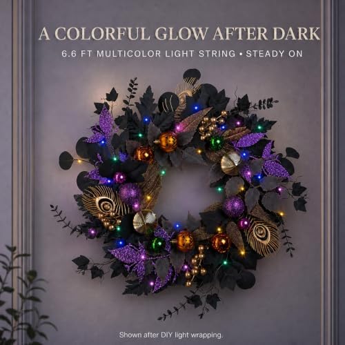 22-Inch Black and Purple Halloween Wreath for Front Door with Light String