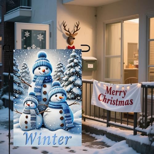 BlissYard Garden Flag Snowman Family Forest Winter 12x18 Inch Polyester
