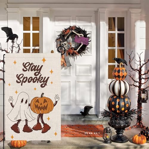 Halloween Garden Flag Funny Ghost Pumpkin Star Burlap Double Sided Flag Stay Spooky Farmhouse Holiday Yard Outdoor Decoration 12.5x18 Inch