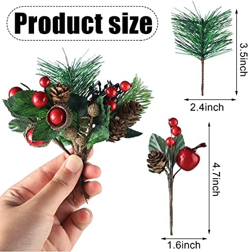 Janinka 28 Pcs Artificial Christmas Greenery Red Berry Picks Pine Cones Holly Berries Flower Stem Needles Branches Fake Greenery Floral Picks for Xmas Tree Winter Crafts Party Festive Home Decor