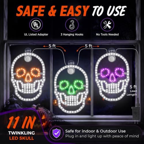 3-Pack 11" Halloween Classics Twinkling LED Skull Window Lights