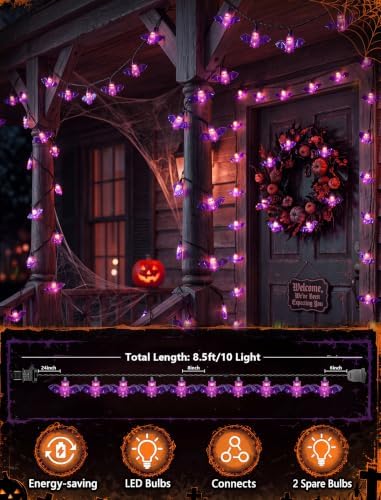 8.5Ft Outdoor Halloween String Lights with 10 Purple Bat Lights Plug in